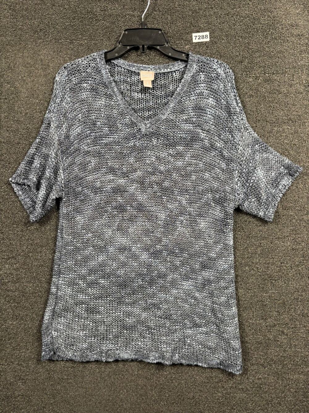 Chico's Cable Knit Sweater Womens Size 3 US XL Blue Short Sleeve V-neck